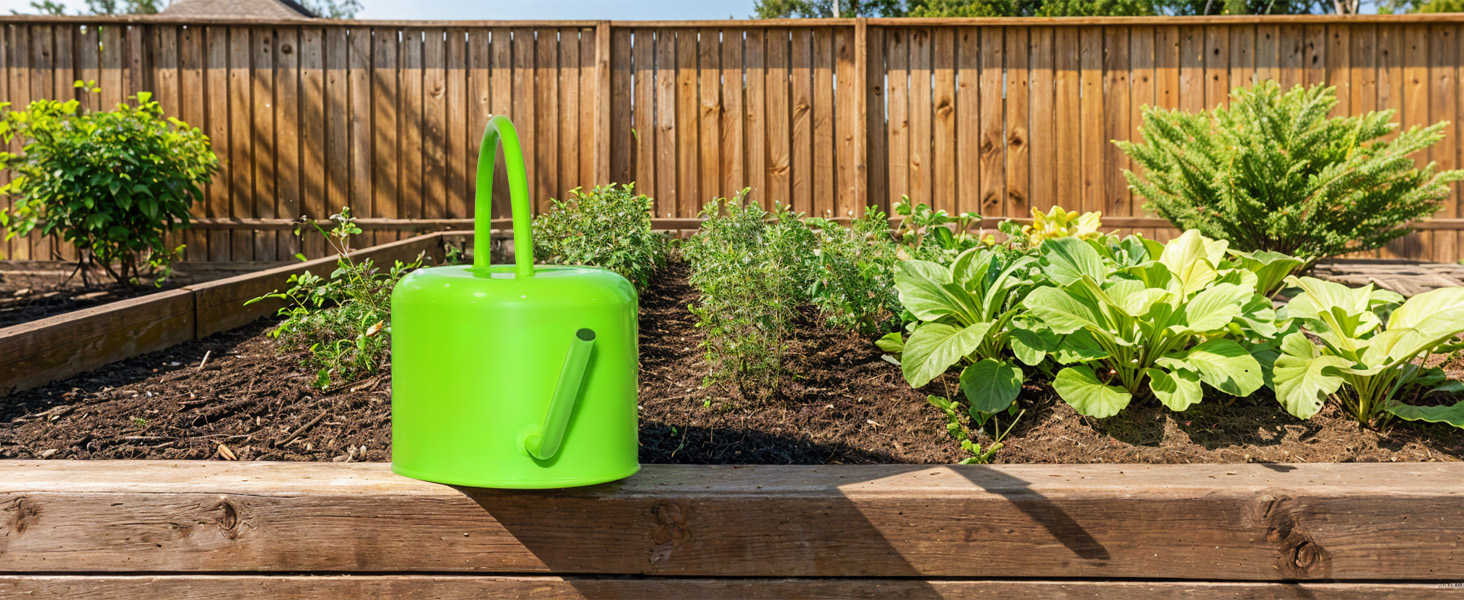 Green watering can in yard, garden and patio setting