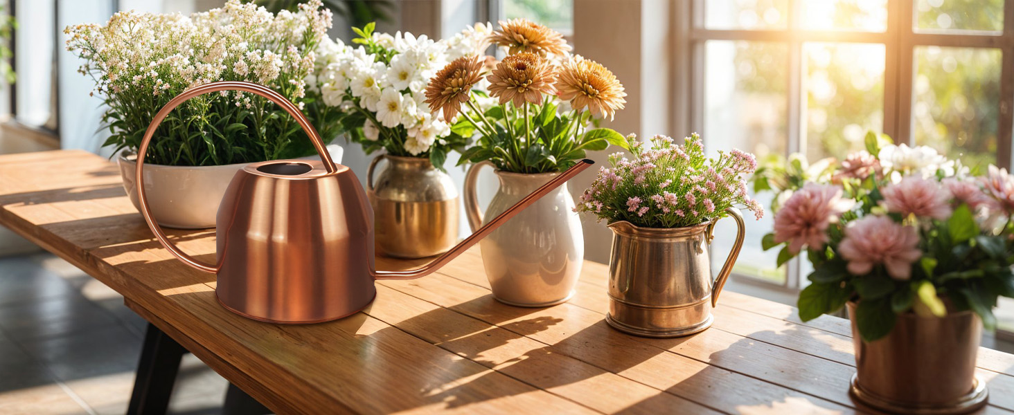 Rose gold watering can in living room and bedroom setting