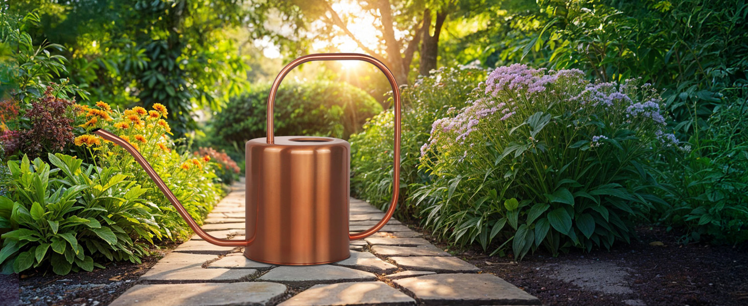 Rose gold watering can in garden setting