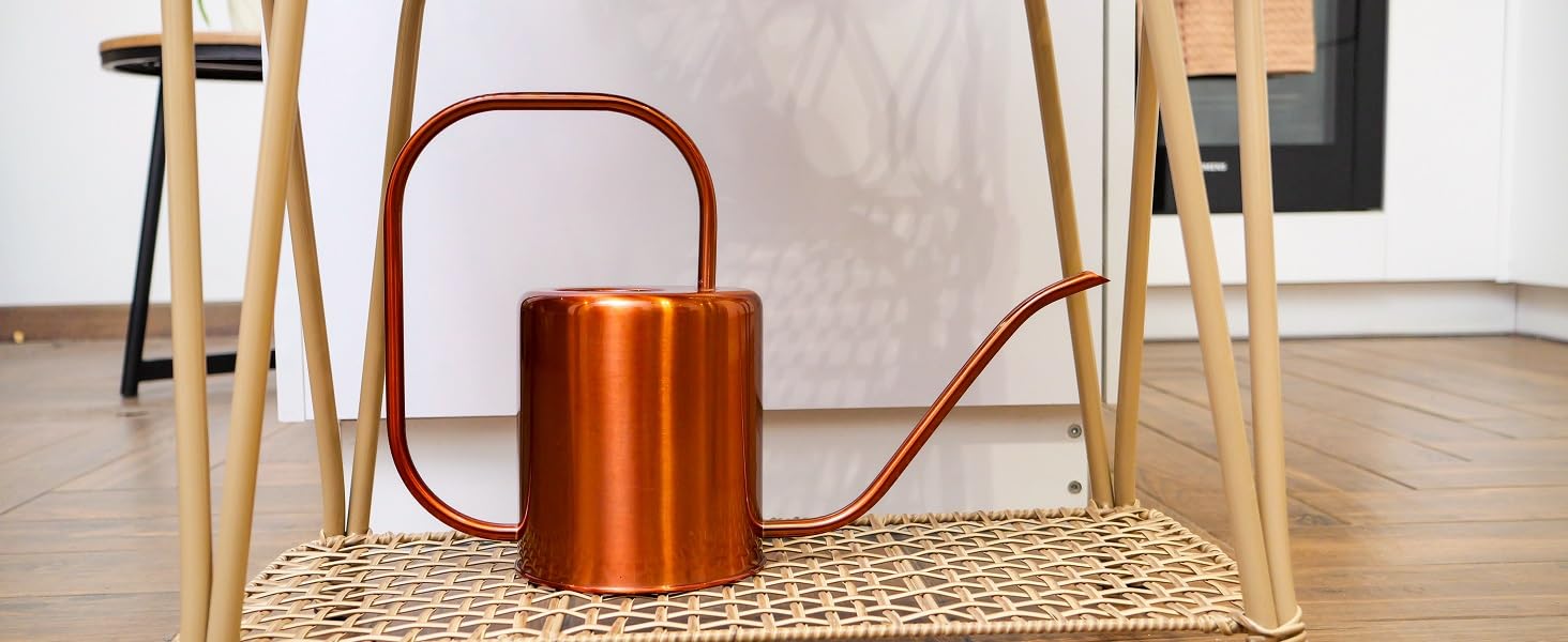 Rose gold watering can in living room setting
