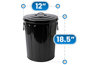 Black Galvanized Steel Trash Can - Large Storage Capacity, 12 in Diameter x 18.5 in Height