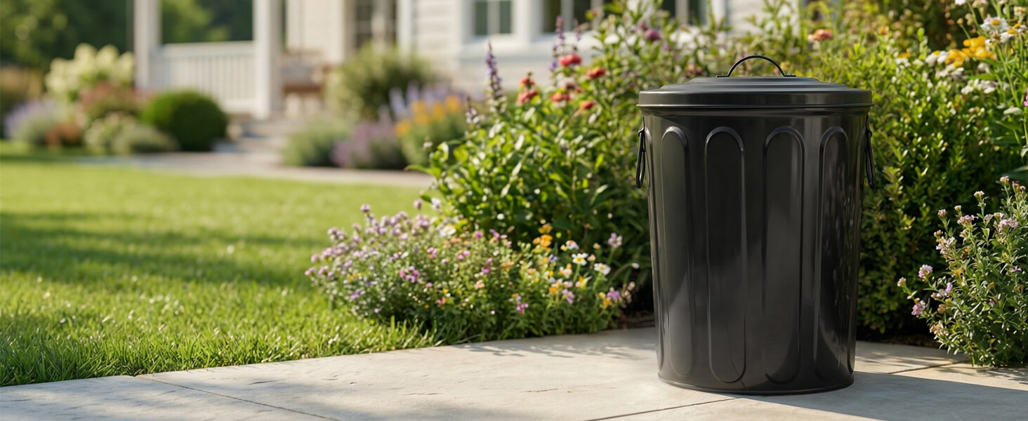 Black Galvanized Steel Trash Can with Lid Outdoors