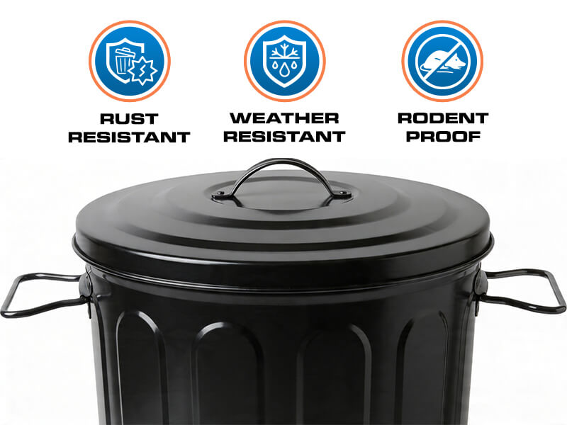 Black Galvanized Steel Trash Can - Rust-Resistant, Weather-Resistant and Rodent-Proof