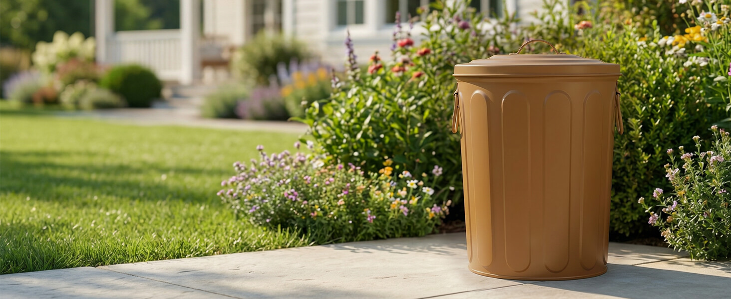 Copper Galvanized Steel Trash Can with Lid Outdoors