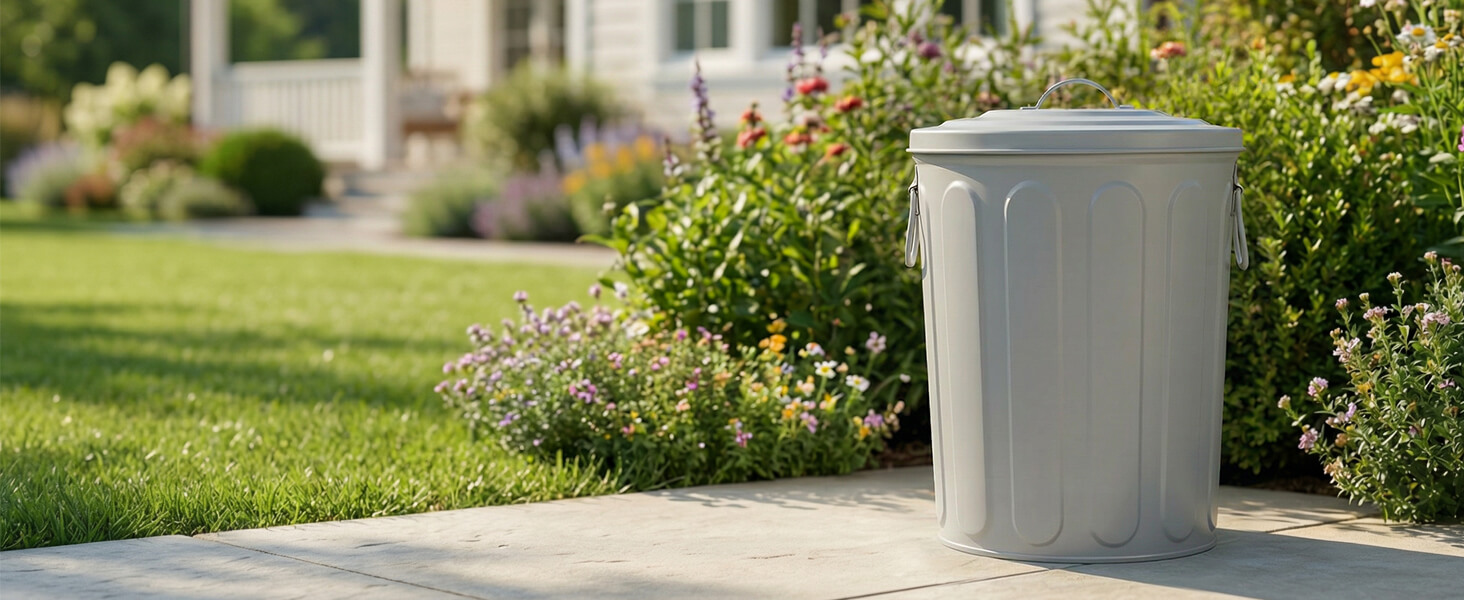 Gray Galvanized Steel Trash Can with Lid Outdoors
