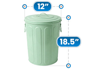 Green Galvanized Steel Trash Can - Large Storage Capacity, 12 in Diameter x 18.5 in Height