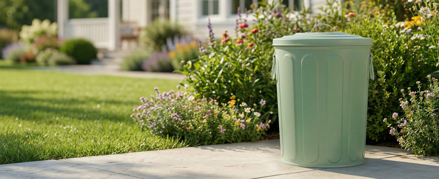 Green Galvanized Steel Trash Can with Lid Outdoors