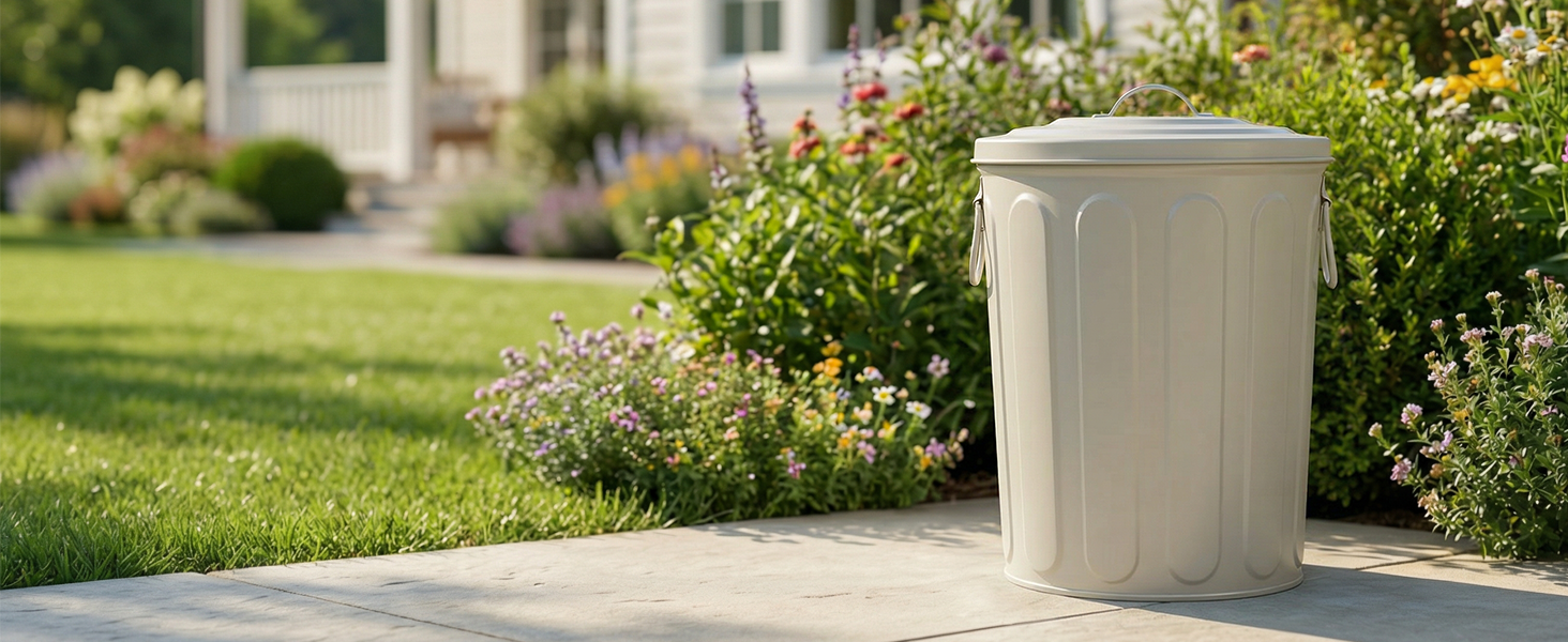 Off-White Galvanized Steel Trash Can with Lid Outdoors