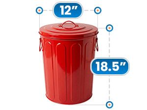 Red Galvanized Steel Trash Can - Large Storage Capacity, 12 in Diameter x 18.5 in Height