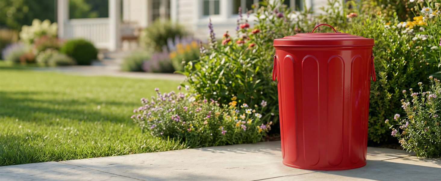 Red Galvanized Steel Trash Can with Lid Outdoors
