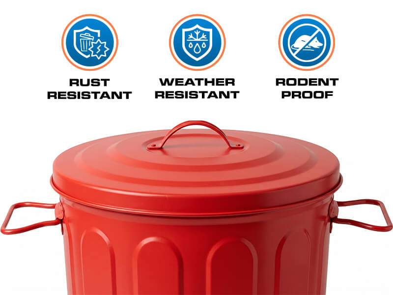 Red Galvanized Steel Trash Can - Rust-Resistant, Weather-Resistant and Rodent-Proof
