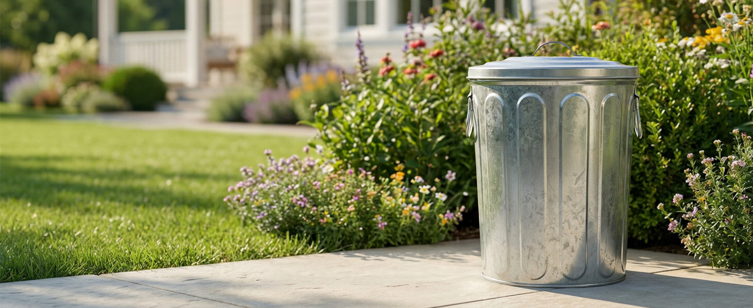 Silver Galvanized Steel Trash Can with Lid Outdoors