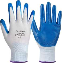 White Nylon Work Gloves with Blue Coated Palm, 10 Pairs/Box