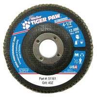 Tiger Paw Coated Abrasive Flap Discs, 4 1/2", 40 Grit, 7/8 Arbor, 12,000 rpm