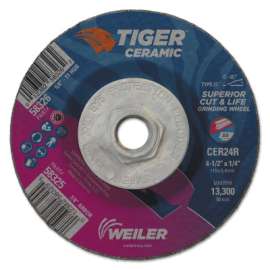 Tiger Ceramic Grinding Wheels, 4.5 in Dia, 1/4 in Thick, 5/8 in Arbor,10/bx