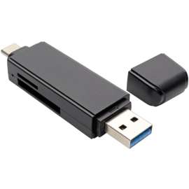 Tripp Lite USB-C Memory Card Reader, 2-in-1 USB-A/USB-C, USB 3.1 Gen 1, USB Type C, USB Type-C, 2-in-1, SD, SDHC, SDXC, microSD, Dual-Voltage Reduced Size MultiMediaCard (DV-RSMMC), Reduced Size MultiMediaCard (MMC), MMCplus, TransFlash, microSDHC, USB 3.