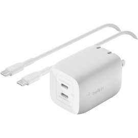 Belkin - Education Belkin Dual USB-C GaN Wall Charger with PPS 65W (USB-C to USB-C Cable included) - Power Adapter - 65 W - White