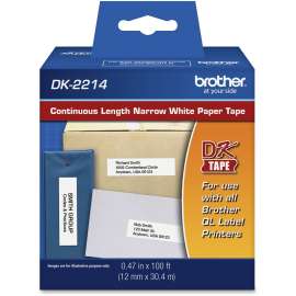 Brother DK2214 - Continuous Length Paper Tape - 0.47" Width x 100 ft Length - Rectangle - Direct Thermal - White - 1 / Roll