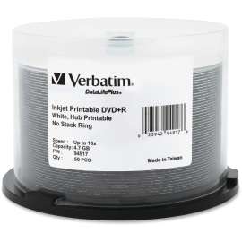Verbatim DataLifePlus 94917 DVD Recordable Media, DVD+R, 16x, 4.70 GB, 50 Pack Spindle