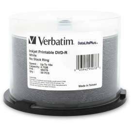 Verbatim DVD-R 4.7GB 16X DataLifePlus White Inkjet Printable, 50pk Spindle, 4.7GB, 50pk Spindle