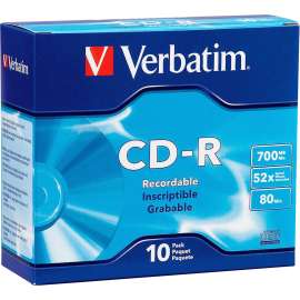 Verbatim CD-R 700MB 52X with Branded Surface, 10pk Slim Case, 52X, 700MB, 10pk Slim Case