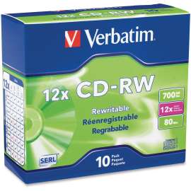 Verbatim CD-RW 700MB 4X-12X High Speed with Branded Surface, 10pk Slim Case, 120mm, 1.33 Hour Maximum Recording Time