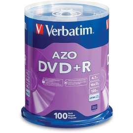Verbatim 95098 DVD Recordable Media, DVD+R, 16x, 4.70 GB, 100 Pack Spindle