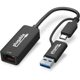 Plugable 2.5G USB C and USB to Ethernet Adapter, 2-in-1 Adapter, Compatible with USB-C Thunderbolt 3 or USB 3.0, USB-C to RJ45 2.5 Gigabit LAN Ethernet, Compatible with Mac and Windows
