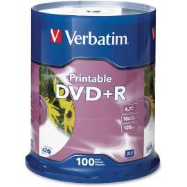Verbatim DVD+R 4.7GB 16X White Inkjet Printable, 100pk Spindle, 120mm, Printable