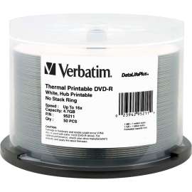 Verbatim DVD-R 4.7GB 16X DataLifePlus White Thermal Printable, Hub Printable, 50pk Spindle, 4.7GB, 50 Pack
