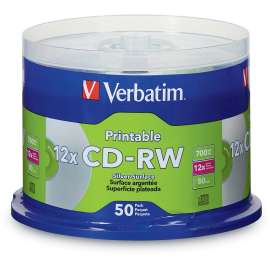 Verbatim CD-RW 700MB 12X DataLifePlus Silver Inkjet Printable with Branded Hub, 50pk Spindle, 50 pk Spindle, Silver, DataLifePlus