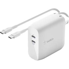 Belkin Mobile Belkin BoostCharge Dual USB-C GaN Wall Charger 68W and USB-C Cable Laptop Chromebook Charging - Power Adapter - 68 W - White