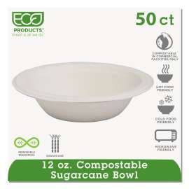 Renewable and Compostable Sugarcane Bowls, 12 oz, Natural White, 50/Packs