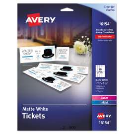 Printable Tickets w/Tear-Away Stubs, 97 Bright, 65 lb Cover Weight, 8.5 x 11, White, 10 Tickets/Sheet, 20 Sheets/Pack