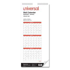 3-Month Wall Calendar, 12 x 27, White/Black/Red Sheets, 14-Month (Dec to Jan): 2022 to 2024