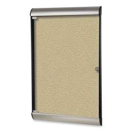 Ghent Silhouette Enclosed Bulletin Board, 1 Door, 28"W x 42"H, Caramel Vinyl/Silver Frame