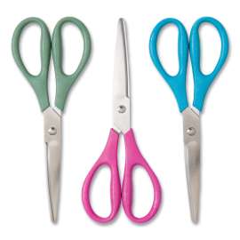 U ECO Scissors. Concave Tip, 9.45" Long, 3" Cut Length, Assorted Straight Handle, 3/Pack