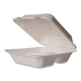 White Molded Fiber Clamshell Containers, 3-Compartment, 8 x 17 x 2, White, Sugarcane, 200/Carton