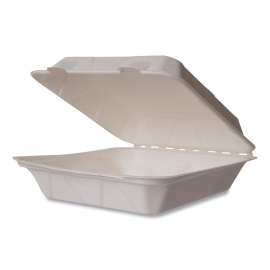 White Molded Fiber Clamshell Containers, 9 x 18 x 2, White, Sugarcane, 200/Carton
