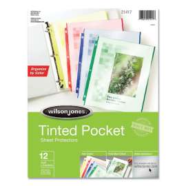 Tinted Pocket Sheet Protectors, 3 Hole Punched, Top Loading, Letter, Assorted Colors, 12/Pack