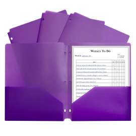 Two-Pocket Heavyweight Poly Portfolio Folder with Three-Hole Punch, Purple, Each