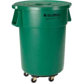 Global Industrial Plastic Trash Can with Lid & Dolly - 55 Gallon Green