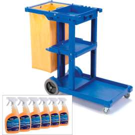Global Industrial Janitor Cart Blue with Citrus Cleaner Degreaser Case