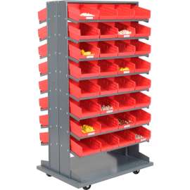 Global Industrial 16 Shelf Double-Sided Mobile Pick Rack - 64 Red Plastic Shelf Bins 8" Wide