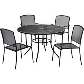 Interion Mesh Caf Table and Chair Set, 36" Round, 4 Armchairs, Black