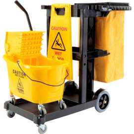 Global Industrial Janitor Cart Black with Mop Bucket and Wet Floor Sign