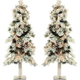 Fraser Hill Farm Artificial Christmas Tree - 3 Ft. Snowy Alpine Tree - Clear Lights - Set of 2