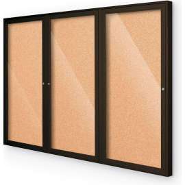 Balt Outdoor Enclosed Bulletin Board Cabinet,3-Door 72"W x 36"H, Coffee Trim, Natural Cork