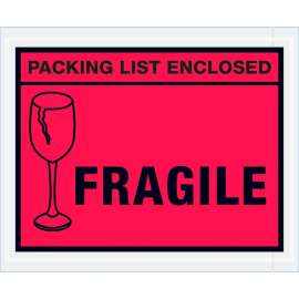 Full Face Envelopes, "Packing List Enclosed-Fragile" Print, 5-1/2"L x 4-1/2"W, Red, 1000/Pack