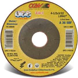 CGW Abrasives 45218 Depressed Center Wheel 4-1/2" x 3/32" x 7/8" 36 Grit T27 Aluminium Oxide